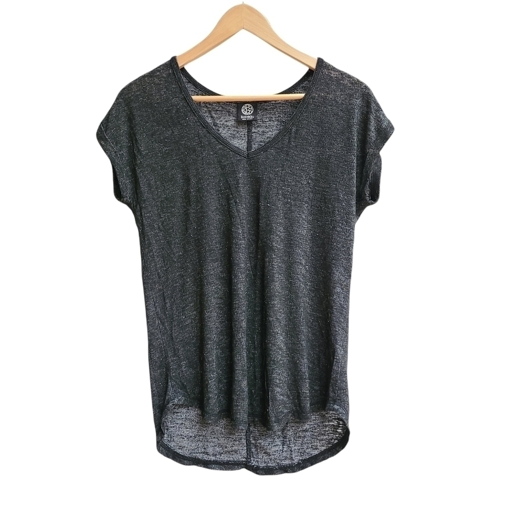 Bobeau Oversized Gold Fleck Deep Grey Heathered V-neck Shirt, Casual, Size Small